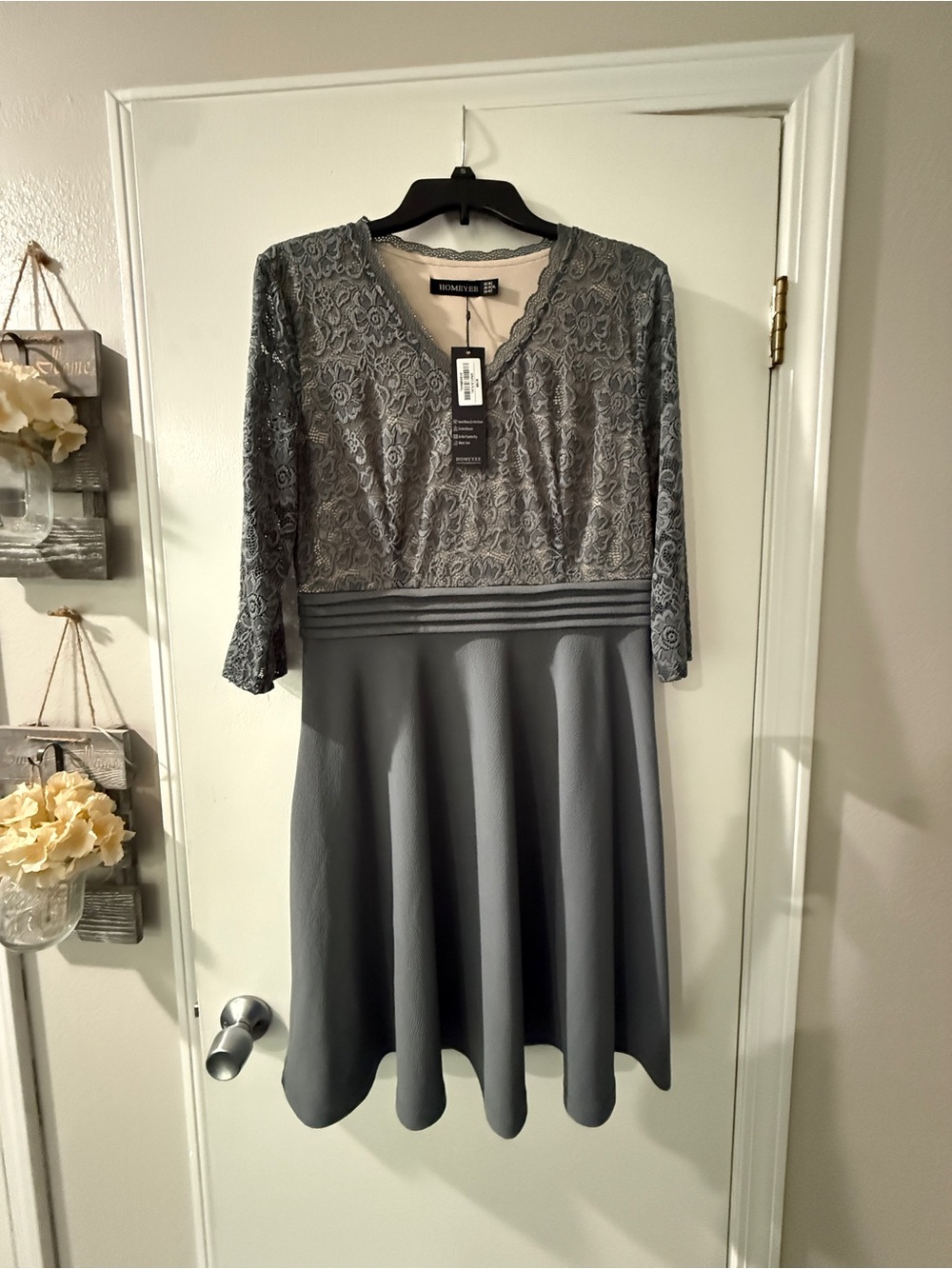 HOMEYEE Gray Lace Midi Dress | NWT | Size 10 | 3/4 Sleeve A-Line
